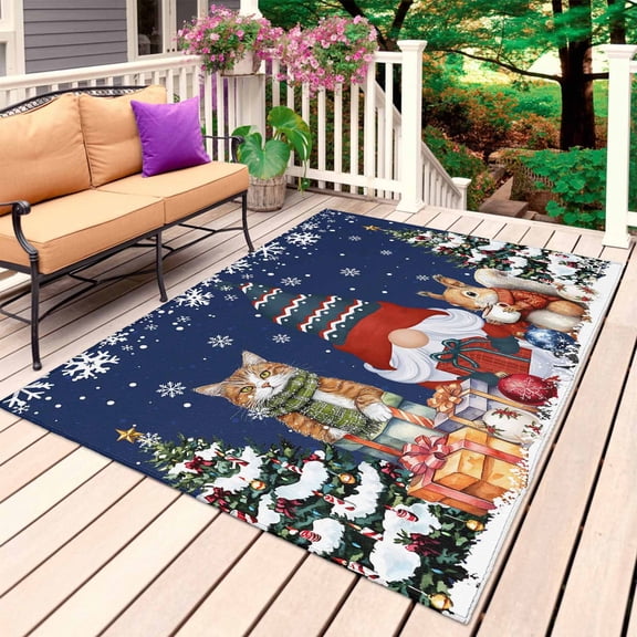 Blue Christmas Outdoor Rug 3x5 Ft, Non Slip Washable Area Rug, Gnomes Cat Squirrel Pine Tree Winter Snowy Patio Rugs Carpet Runner, Large Floor Mat for Indoor/Outdoor Deck Porch Camping