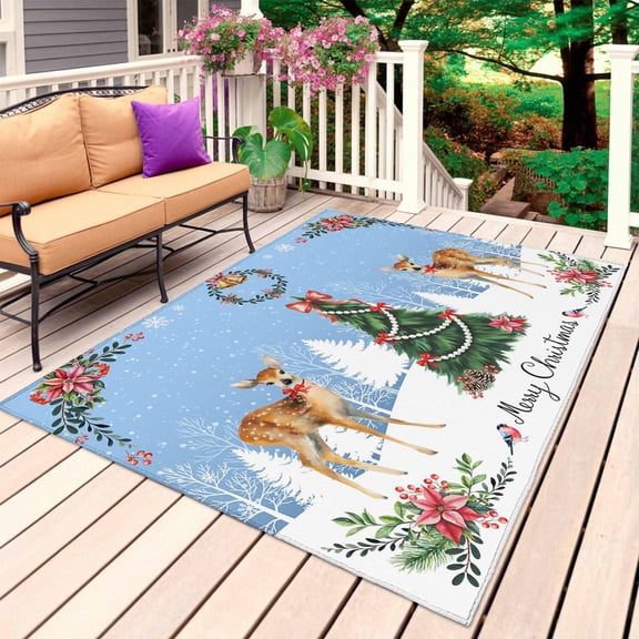 Blue Christmas Outdoor Rug 3x5 Ft, Non Slip Washable Area Rug, Xmas Tree Deer Poinsettia Bird Winter Snow Patio Rugs Carpet Runner, Large Floor Mat for Indoor/Outdoor Deck Porch Camping