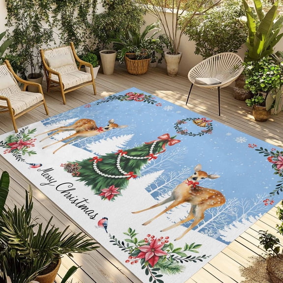 Blue Christmas Outdoor Rug 3x5 Ft - Reversible Patio Rug Outdoor Camping Rugs, Xmas Tree Deer Poinsettia Bird Winter Snow Indoor Outdoor Area Rugs, Non-Slip Outdoor Carpet Runner for Deck/Porch