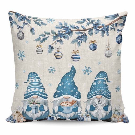 Blue Christmas Pillow Covers 16x16 Inch Decorative Throw Pillow Cover, Xmas Gnomes Balls Tree Snowflake Gifts Sofa Pillowcases Accent Cushion Case Home Decor Bedroom Living Room
