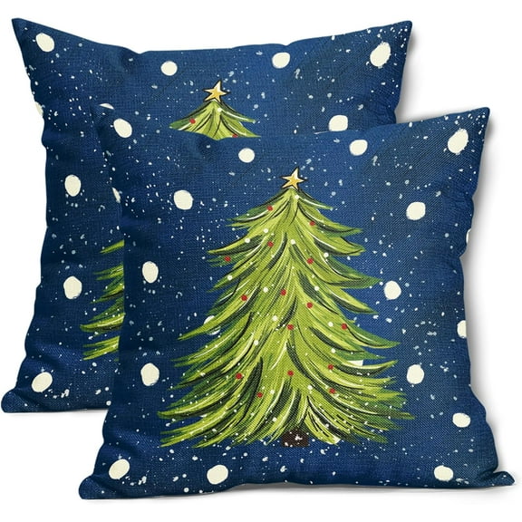 Blue Christmas Pillow Covers 18X18 Inch Set of 2 Watercolor Green Xmas Tree Decorative Pillow Cases Winter Holiday Cotton Linen Cushion Case Farmhouse Christmas Decor For Home Couch Sofa Porch Outdoor