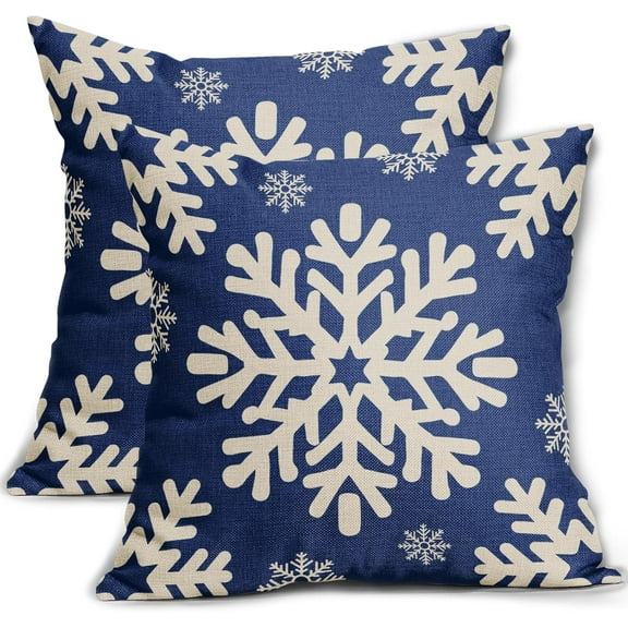 Blue Christmas Pillow Covers 18x18 Inch Set of 2, Xmas Snowflakes Rustic Winter Themed Decorative Throw Pillow Cases Outdoor Linen Cushion Covers Farmhouse Sofa Couch Bed Decor