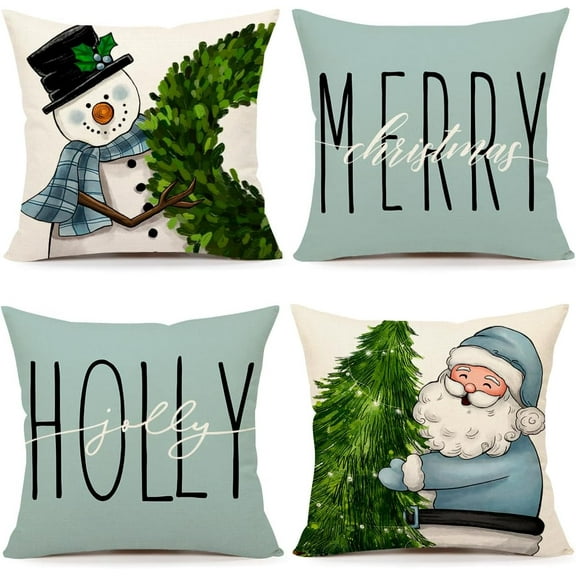 Blue Christmas Pillow Covers 18x18 Set of 4 Farmhouse Xmas Decorations Snowman Wreath Santa Claus Tree Holly Jolly Winter Holiday Decor Throw Cushion Case for Home Couch