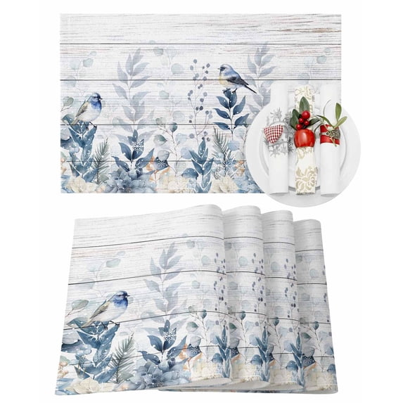 Blue Christmas Placemats Set of 2 Flower Poinsettia Robins Eucalyptus Wood Grain Heat Insulation Washable Place Mats, Rustic Non-Slip Table Mats for Dining Table Party Kitchen Decor,13x19 Inch