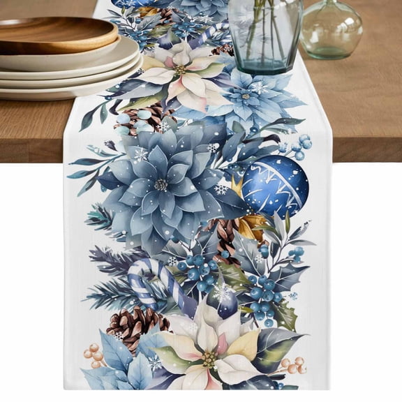 Blue Christmas Poinsettia Table Runner 48 Inches, Xmas Botanical Balls Snowflake Bed Runner Dresser Scarves Tabletop for Indoor Outdoor Parties/Ceremony/Banquet, 13" x 48"