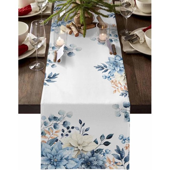 Blue Christmas Poinsettia Table Runner, Winter Eucalyptus Leaves Cotton Linen Tablecloth Holiday Farmhouse Table Decor for Home,Kitchen,Dining Room,Indoor,Outdoor,Small 13X36 Inches