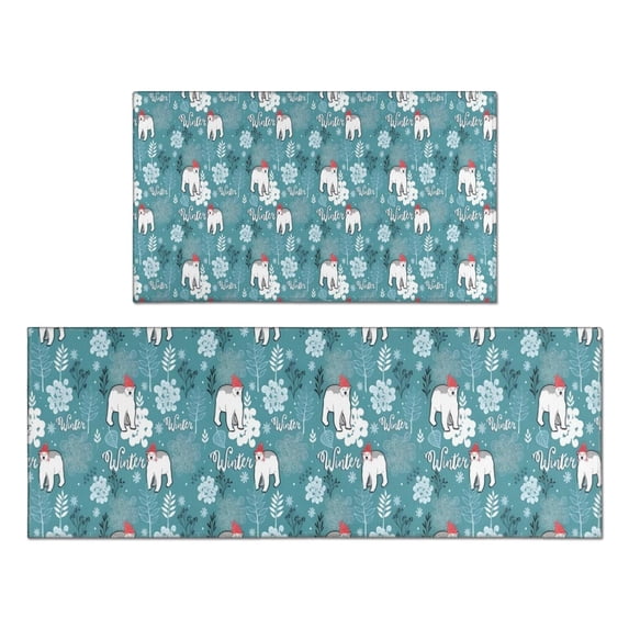 Blue Christmas Polar Bear Pattern Kitchen Rugs Sets Of 2,Anti Fatigue Kitchen Mat Rugs Non Slip Washable,Decorative Kitchen Floor Mats for Kitchen,Sink,Laundry,17"x30"+17"x47"