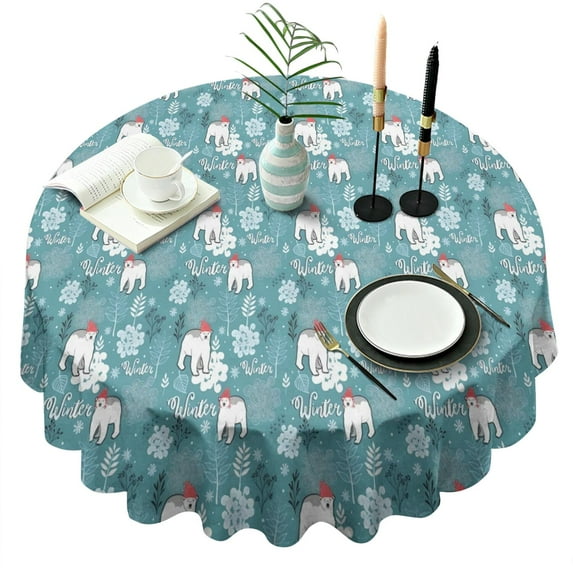Blue Christmas Polar Bear Pattern Round Tablecloth 60"x60",Wrinkle Wipeable Table Cloth for Kitchen Dining Room Picnic Patio Party