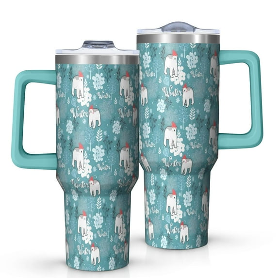 Blue Christmas Polar Bear Pattern Tumbler with Handle and Lid,40oz Double Wall Vacuum Insulated Tumbler,Cups Gift for Women and Men