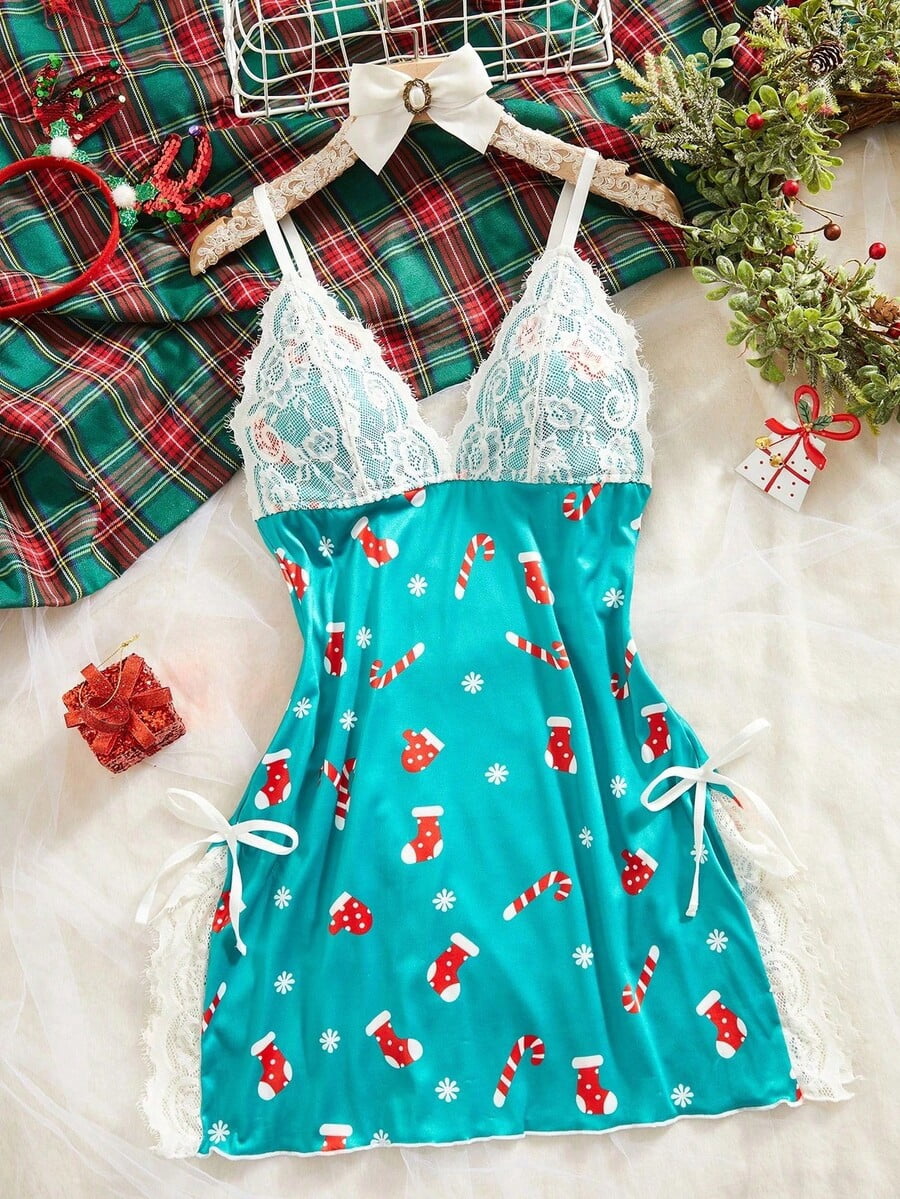 Blue Christmas Print Lace Trim Babydoll Sleep Dress With Tie Sides, Women's, Size: XL