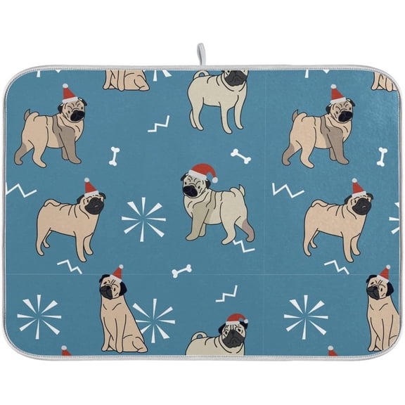 Blue Christmas Pug Dogs Dish Drying Mat for Kitchen Counter Dish Drainer Mats Quick Dry Absorbent Dish Drying Pad with Hanging Loop for Kitchen Accessories 18"x24"