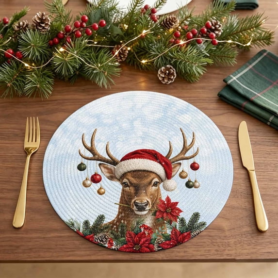 Blue Christmas Round 13 Inch Placemats Set of 6, Elk Snowy Poinsettia ...