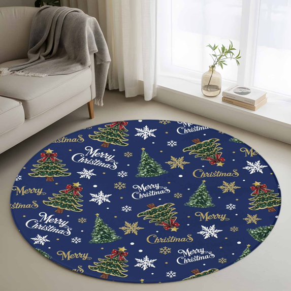 Blue Christmas Round Area Rug 4Ft Washable Circle Rugs for Bedroom Dining Room, Winter Pine Tree Gold White Snowflakes Non-Slip Carpet Floor Mats Indoor Outdoor Carpet Runner Aesthetic Home Decor