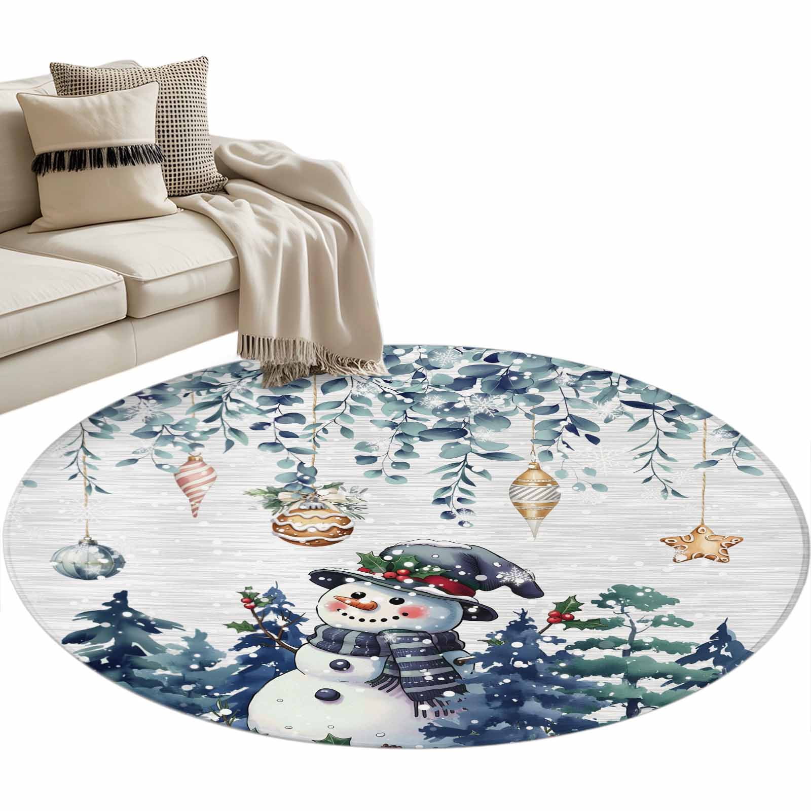 Round Blue Snowflake Rug Blue Christmas Round Area Rug 4ft, Snowman Eucalyptus Leaves Xmas ...