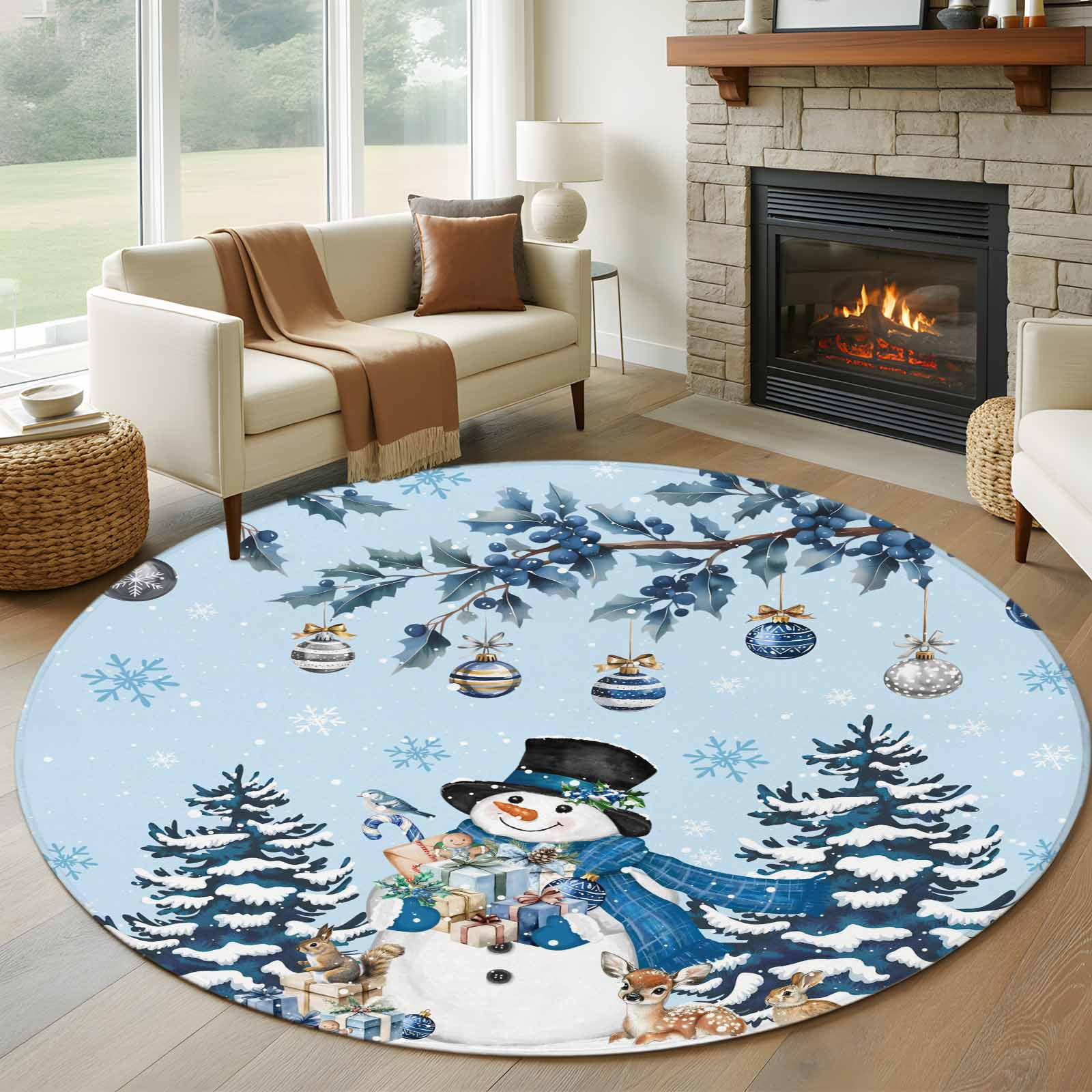 Round Blue Snowflake Rug Blue Christmas Round Area Rug 7Ft Washable Circle Rugs for Dorm Laundry ...