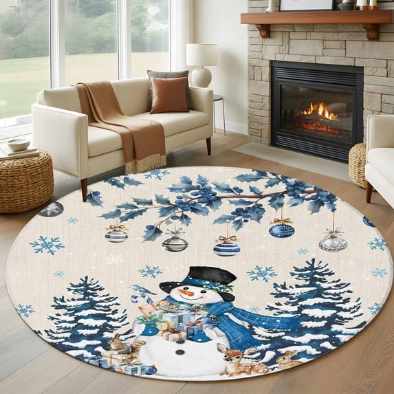 Blue Christmas Round Area Rug 8Ft Washable Large Circle Rugs for Living Room Dorm, Snowman Xmas Tree Balls Snowflake Rustic Non-Slip Carpet Floor Mats Indoor Outdoor Carpet Runner Home Decor
