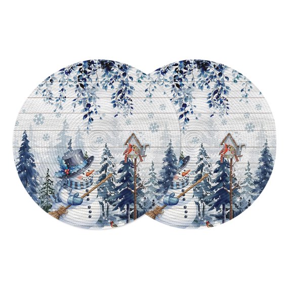 Blue Christmas Round Placemats Set of 2,Braided Polypropylene Place Mats,Snowman Eucalyptus Leaves Snowflake Wooden Washable Table Mats for Kitchen Dinner Holiday Wedding Party Coffee Table Decor 13"