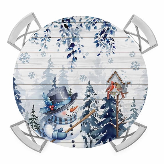 Blue Christmas Round Tablecloth for 45-54 Inch Tables,Fitted Table Cover with Elastic Edge,Snowman Eucalyptus Leaves Snowflake Wooden Waterproof Outdoor Table Cloth Protector for Patio Garden Dinner