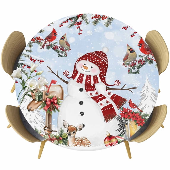 Blue Christmas Round Tablecloth, Fitted Table Cover with Elastic for 45"-54" Round Tables, Red Snowman Xmas Tree Snowflake Winter Table Cloth Outdoor Indoor Dinning Party Waterproof Tablecloths