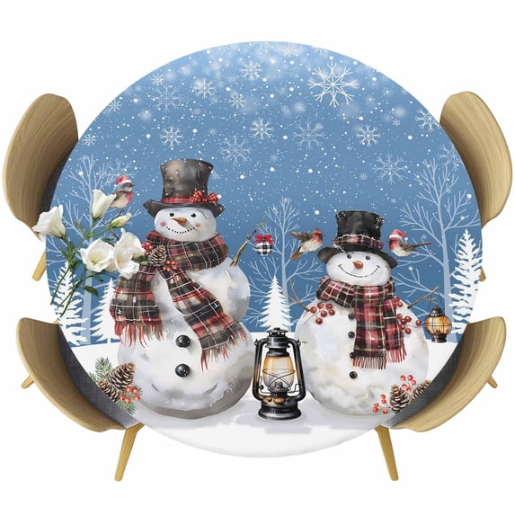 Blue Christmas Round Tablecloth, Fitted Table Cover with Elastic for 45"-54" Round Tables, Snowman Snowflake Winter Birds Table Cloth Outdoor Indoor Dinning Party Waterproof Tablecloths