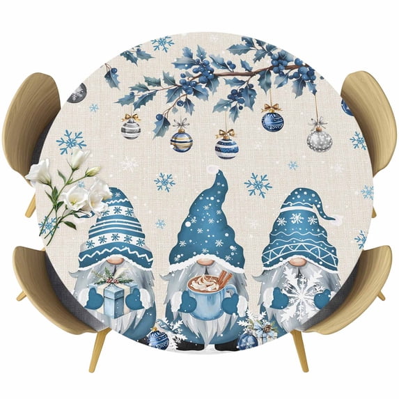 Blue Christmas Round Tablecloth, Fitted Table Cover with Elastic for 45"-54" Round Tables, Xmas Gnomes Balls Tree Snowflake Gifts Table Cloth Outdoor Indoor Dinning Party Waterproof Tablecloths