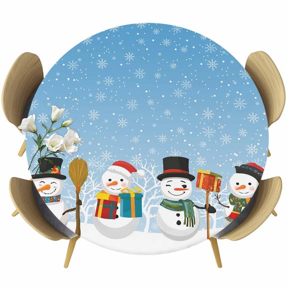 Blue Christmas Round Tablecloth, Fitted Table Cover with Elastic for 45"-54" Round Tables, Xmas Snowman Winter Snowflakes Forest Tree Table Cloth Outdoor Indoor Dinning Party Waterproof Tablecloths