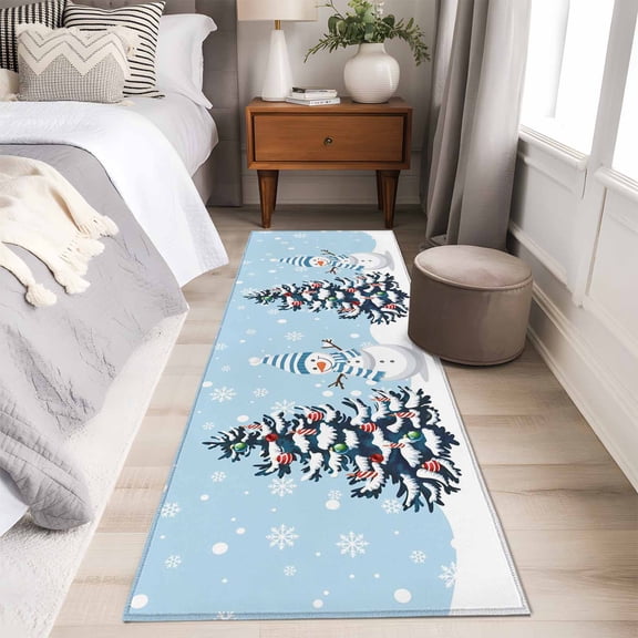 Blue Christmas Runner Rug 2x6 FT,Non Slip Hallway Carpet,Snowman Pine Tree Ball Winter Snow Scene Washable Soft Floor Carpet Throw Runner Carpet Long Rug for Entryway Kitchen Bedside Sliding Door