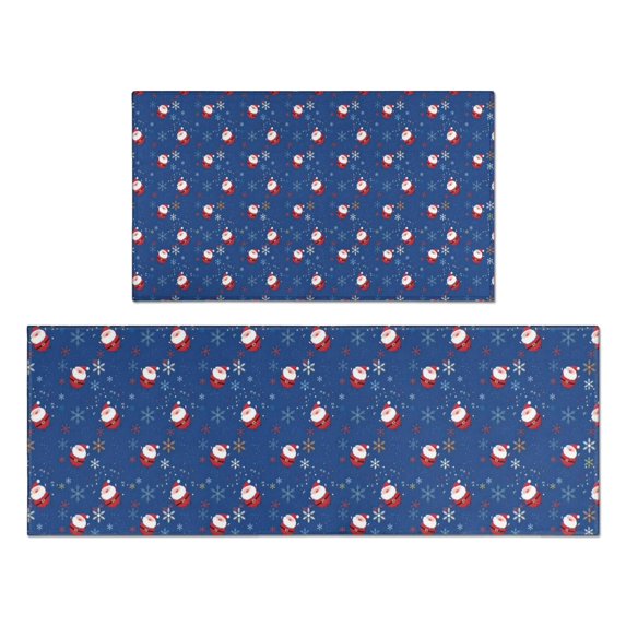 Blue Christmas Santa and Snowflake Pattern Kitchen Rugs Sets Of 2,Anti Fatigue Kitchen Mat Rugs Non Slip Washable,Decorative Kitchen Floor Mats for Kitchen,Sink,Laundry,17"x30"+17"x47"