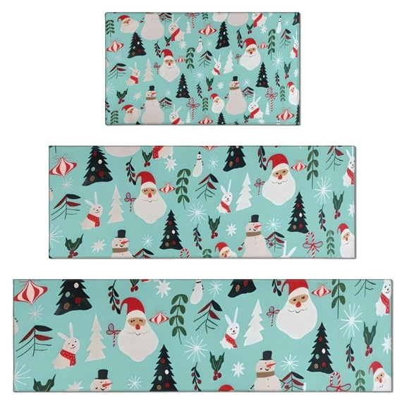 Blue Christmas Santa and Snowman Pattern Kitchen Rugs Sets Of 3,Kitchen Runner Rugs Non Skid Washable,Decorative Kitchen Floor Mats for Kitchen,Sink,Laundry,17"x30"+ 17"x47" + 17"x59"
