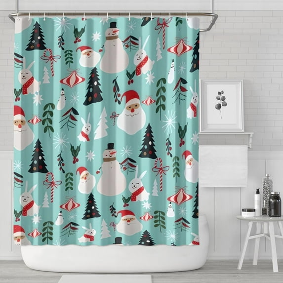 Blue Christmas Santa and Snowman Pattern Shower Curtain 84"x72" ,Bathroom Decorative Shower Curtains Set with 12 Hooks,Modern Waterproof Washable Shower Curtain