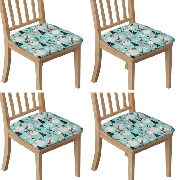 Blue Christmas Santa and Snowman Seat Covers for Dining Room Chairs Set Of 4,Stretch Printed Washable Chair Seat Cover with Elastic Ties and Button,Removable Waterproof Couch Cushion Covers