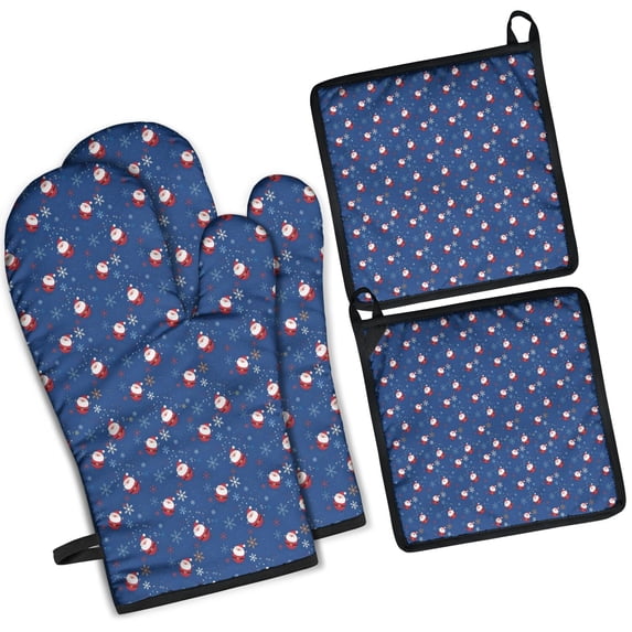Blue Christmas Santa and Snowflake Pattern Kitchen Oven Mitt and Pot Holder Sets 4 Pcs for Baking, Cooking and Grilling, Heat Resistant Up To 392 °F