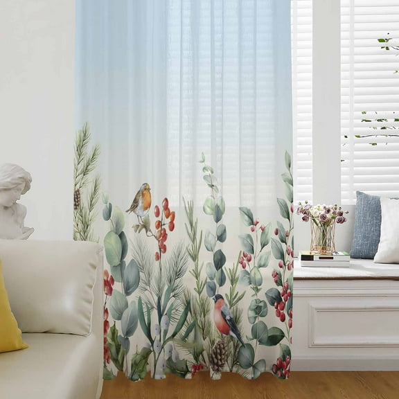 Blue Christmas Semi Sheer Curtains Drapes for Living Room,Bedroom,French Doors Window 45 Inches Long,Xmas Botanical Eucalyptus Leaves Watercolor Rod Pocket Chiffon Curtain Voile Drapery Panel