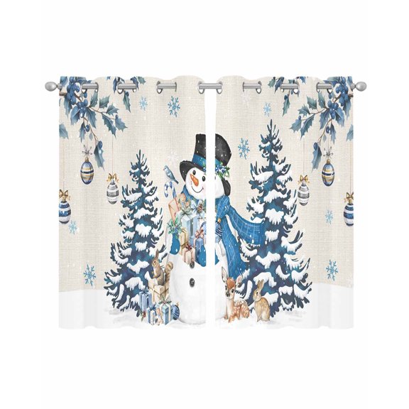 Blue Christmas Sheer Curtains 39 Inch Length 2 Panels Set for Living Room/Bedroom, Snowman Xmas Tree Balls Snowflake Rustic Kitchen Curtains Grommet Semi-Sheer Curtains Window Treatments 27.5"x39"x2