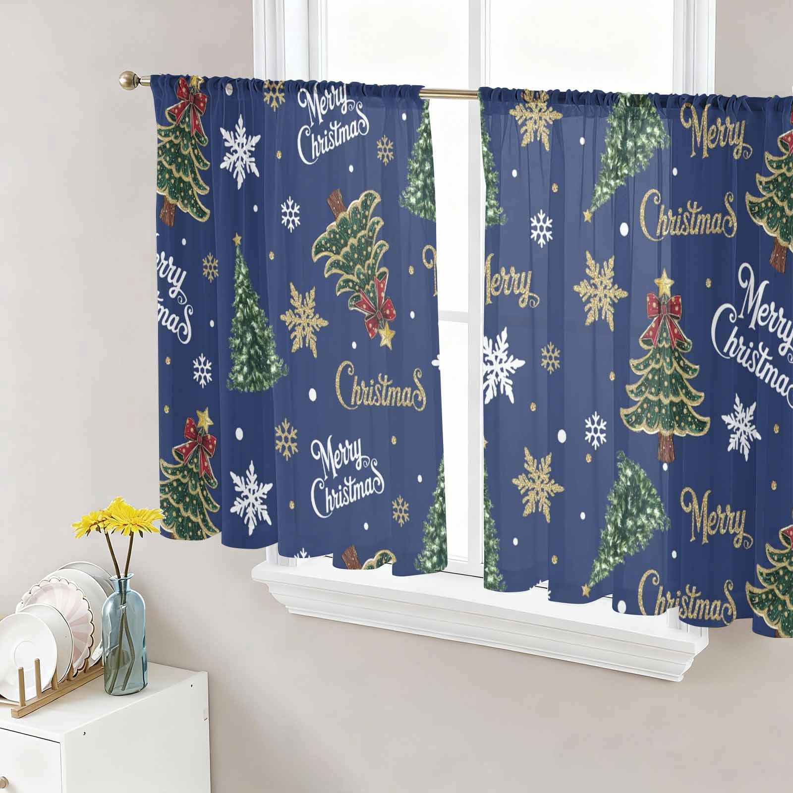 Blue Christmas Sheer Curtains 45 Inch Length 2 Panels Set Window ...