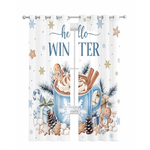 Blue Christmas Sheer Curtains 84 Inch Length 2 Panels Set for Living Room/Bedroom, Coffee Xmas Pine Cones Vintage Botanical Kitchen Curtains Grommet Semi-Sheer Curtains Window Treatments 42"x84"x2