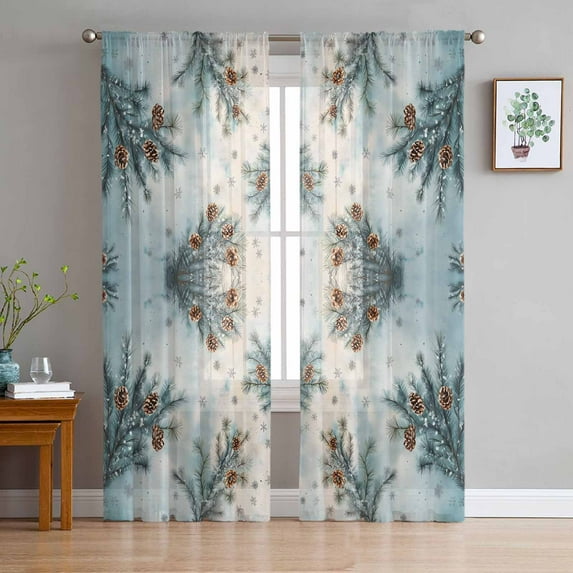 Blue Christmas Sheer Curtains 84 Inches Long 2 Panels Set, Window Sheer Curtains for Living Room/Bedroom, Xmas Botanical Pine Cones Light Filtering Rod Pocket Curtain 52'' x 84'' x 2