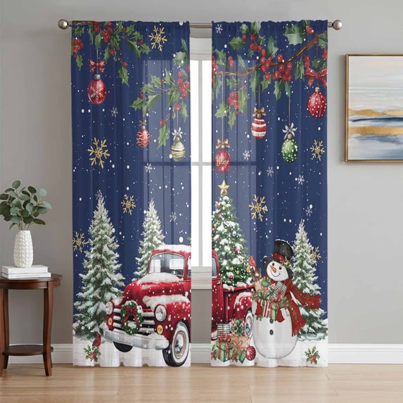Blue Christmas Sheer Curtains 96 Inch Length 2 Panels Set Window Treatments, Xmas Snowman Truck Snowflake Tree Balls Rod Pocket Semi Curtains for Living Room/Bedroom/Kitchen Décor, 104"W x 96"L