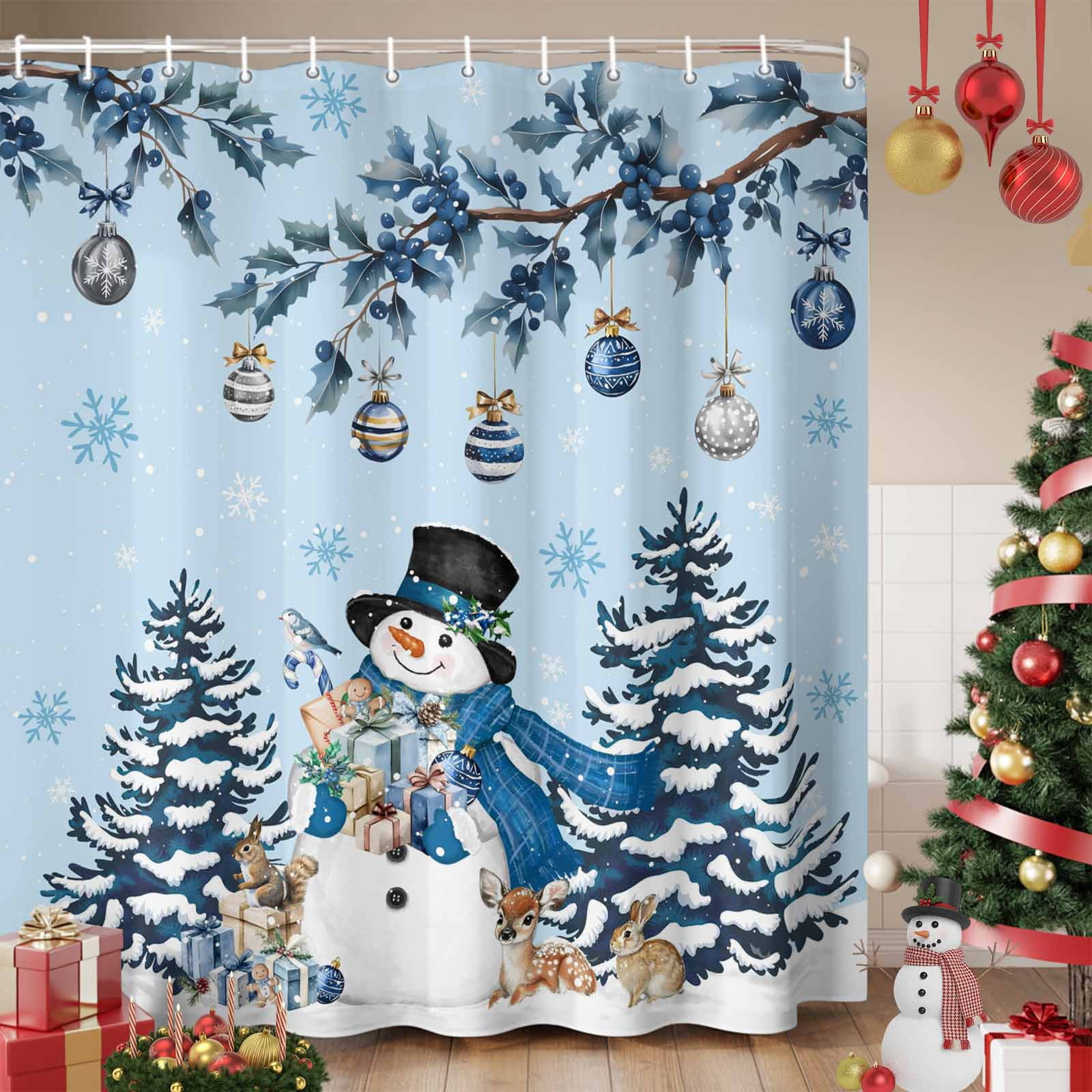 Metawu Christmas Shower Curtain Merry Xmas Holiday Backdrop Snowflakes Pine Trees Shower Curtains Sets Polyester Waterproof Fabric Washable Decorative Bathroom Curtain 72" X 72" With 12 Hooks 4 thumbnail image