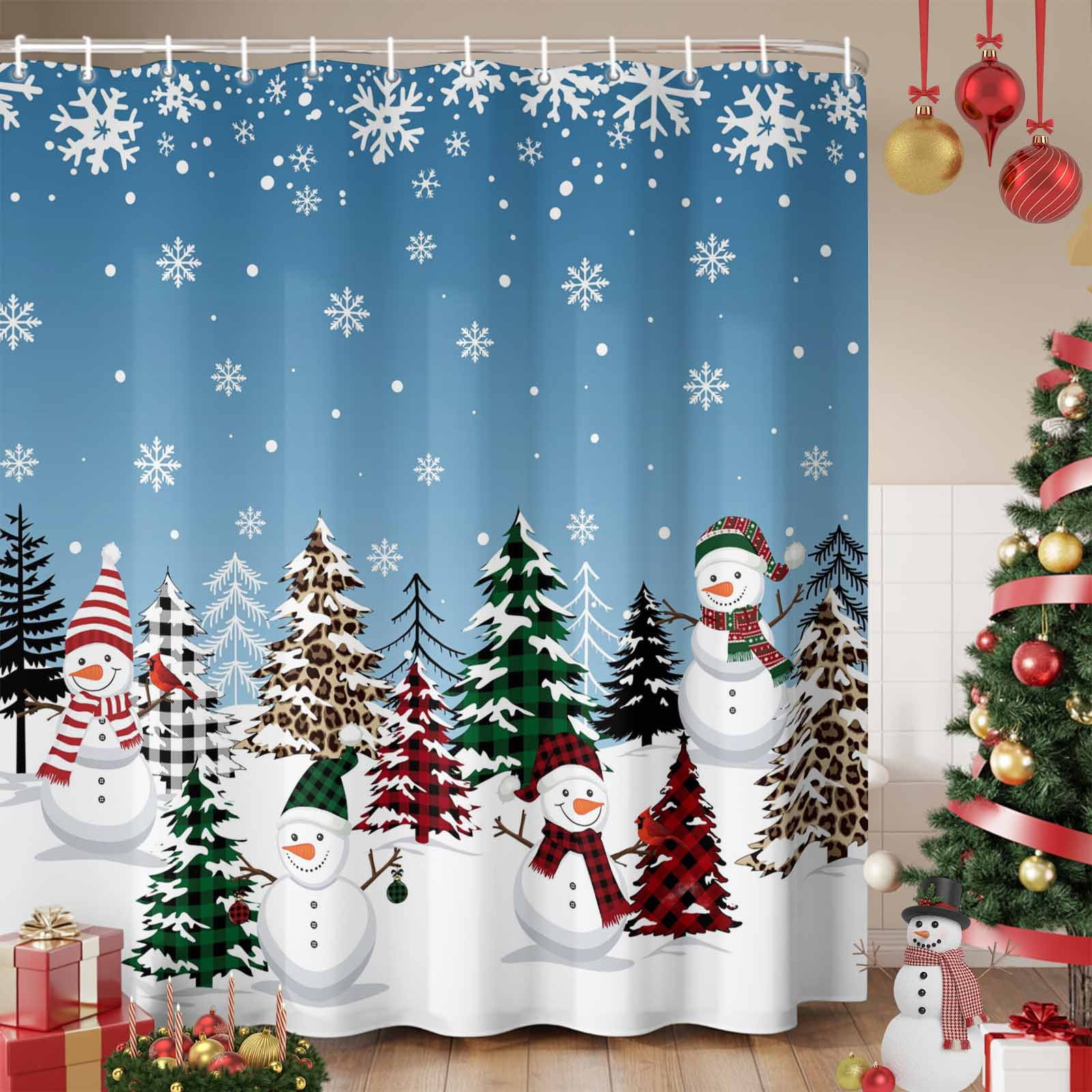 Blue Christmas Shower Curtain, Snowman Xmas Tree Winter Snowflake