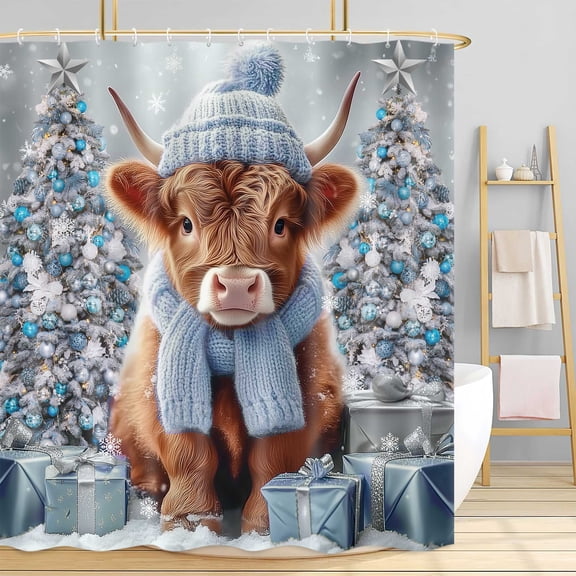 Blue Christmas Shower Curtain, Winter Funny Animal Bull Cattle Farmhouse Bath Curtain, Cute Fun Cow Bathroom Accessories Xmas Tree for New Year Bathroom Curtain Liner Set with Hooks, 72X72in
