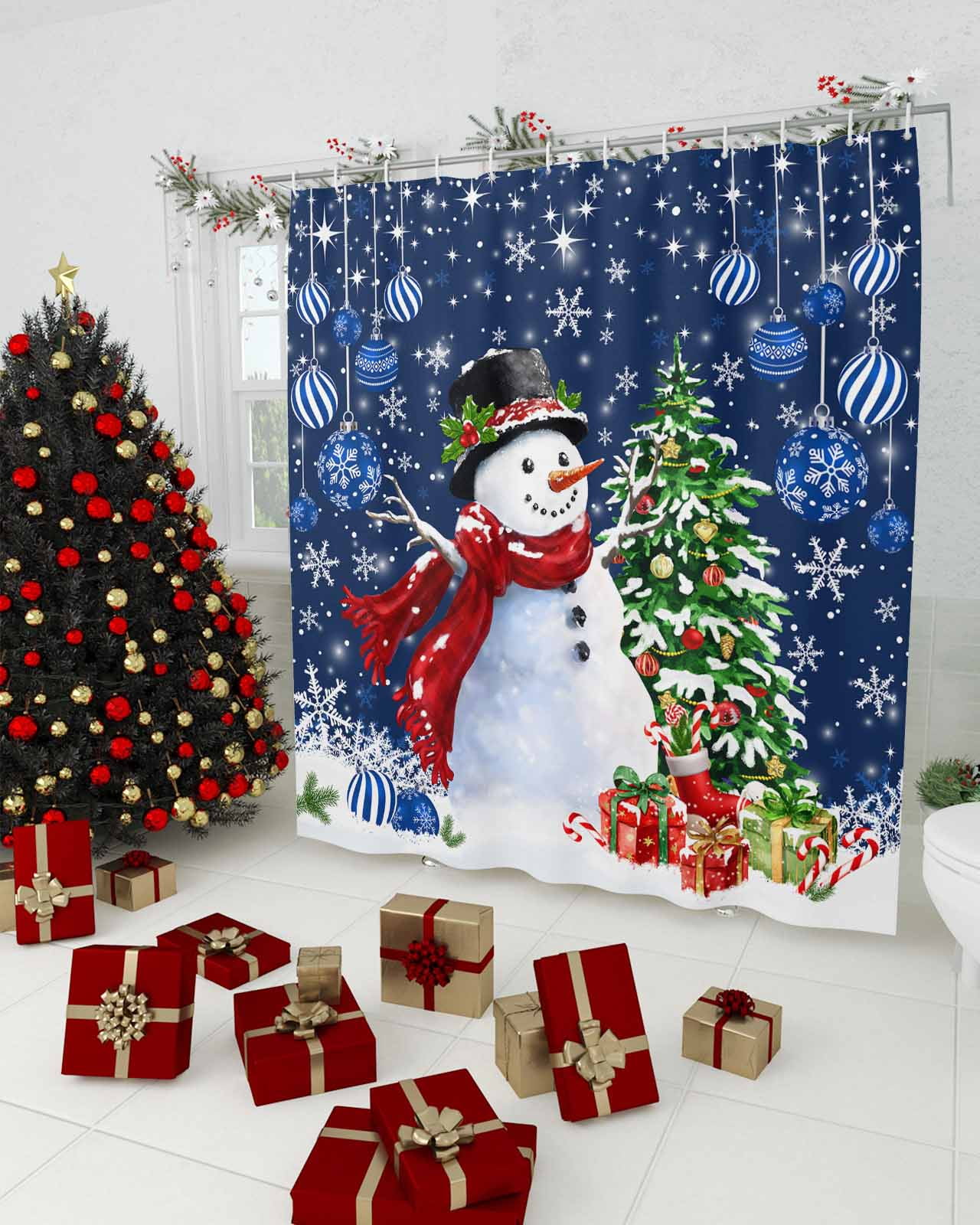 Blue Christmas Shower Curtain, Xmas Snowman Pine Tree Snowflake Balls