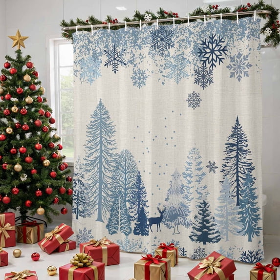 Blue Christmas Shower Curtains for Bathroom, Xmas Tree Forest Snowflake Rustic Waterproof Fabric Shower Curtain, Decorative Bathroom Curtain for Bathtub, 72"x72", No Hooks Included