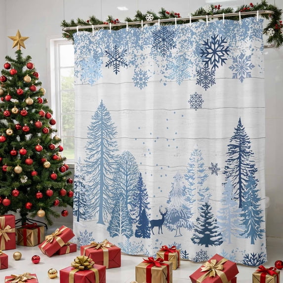 Blue Christmas Shower Curtains for Bathroom, Xmas Tree Forest Snowflake Wooden Waterproof Fabric Shower Curtain, Decorative Bathroom Curtain for Bathtub, 72"x84", No Hooks Included