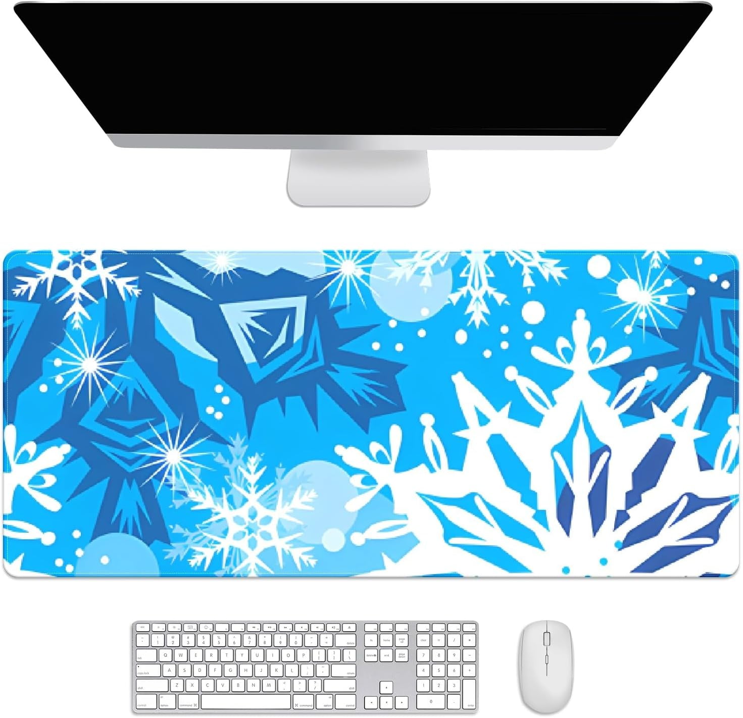 Blue Christmas Snowflake Desk Mat, Desk Accessory, Cute Workspace, Trendy Workspace, Trendy, 35.4x15.7in Large Gaming Mouse Pad, Cute Desk Topper, Pretty Desk Pad