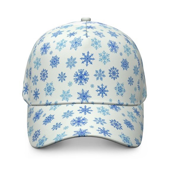 Blue Christmas Snowflake Pattern Baseball Cap, Structured Flat Bill Hat with Snap Closure & Sweatband, Breathable Eyelets Gifts for Sports Outdoor Travel