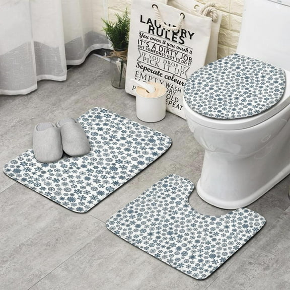 Blue Christmas Snowflake Pattern Bathroom Rugs Sets 3 Piece,Toilet Cover Set,Absorbent Non Slip Bathroom Mats Sets with U-Shaped Contour Rug Toilet Rug Set