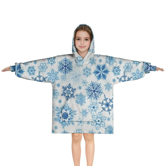 Blue Christmas Snowflake Pattern Blanket Hoodies for Kids 6-13YR Oversize Wearable Blanket Hoodies for Boys Girls Teens