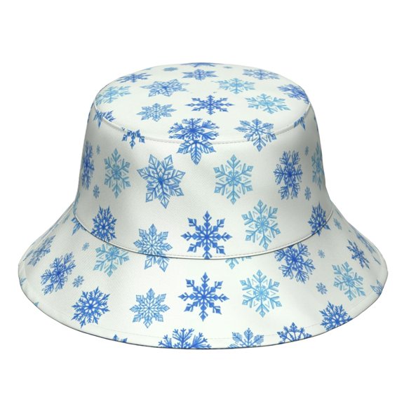 Blue Christmas Snowflake Pattern Bucket Hat, Travel Foldable Hat with Wide Brim & Breathable Fabric, Polyester Twill Gifts for Unisex Men Women