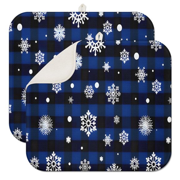 Blue Christmas Snowflake Pattern Dish Drying Mat for Kitchen 1 Pack, Ultra Absorbent Microfiber Dishes Drainer Mats,16x18in(41x46cm)